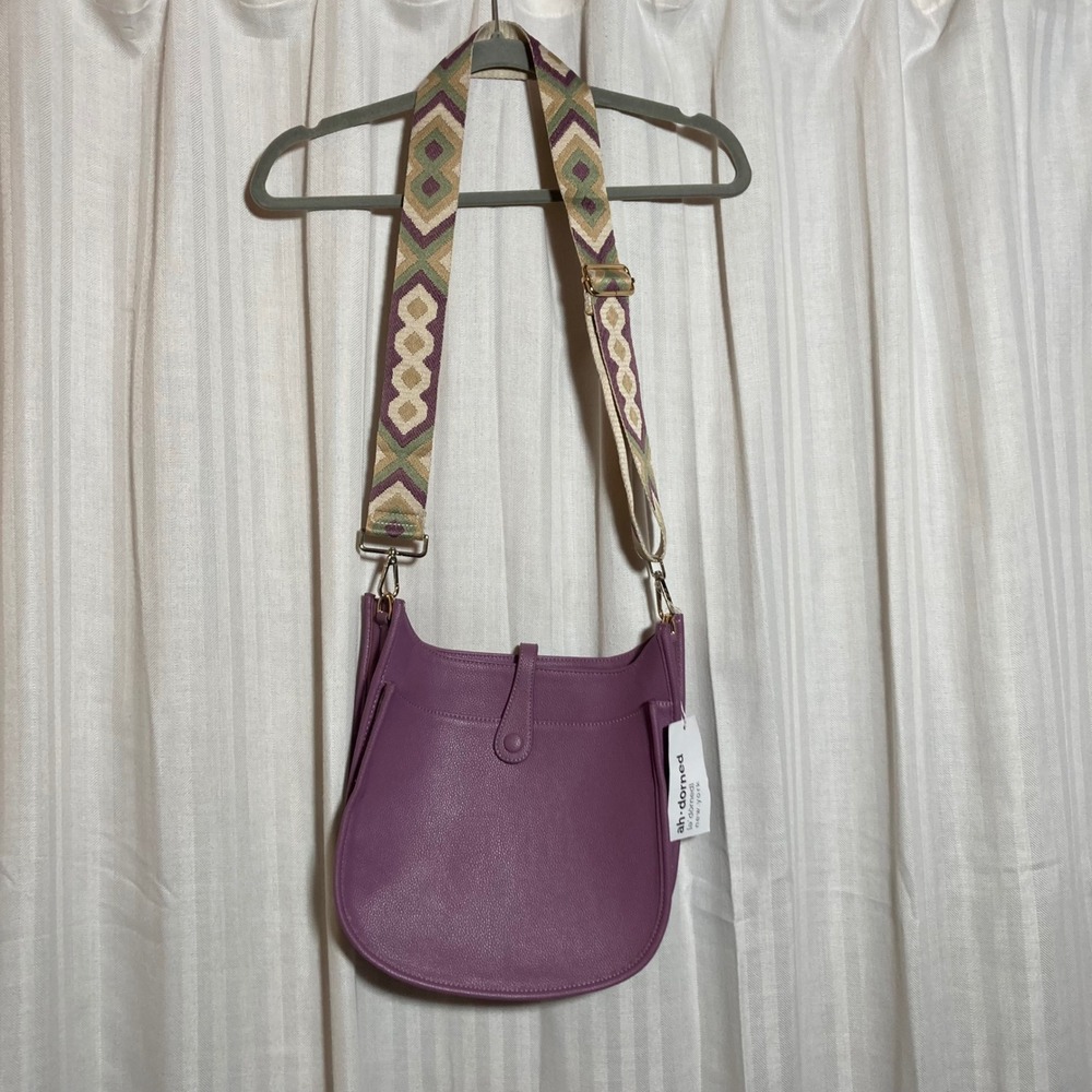 Ah-Dorned Purple Vegan Leather Messenger Bag with Geometric Guitar Strap NEW
